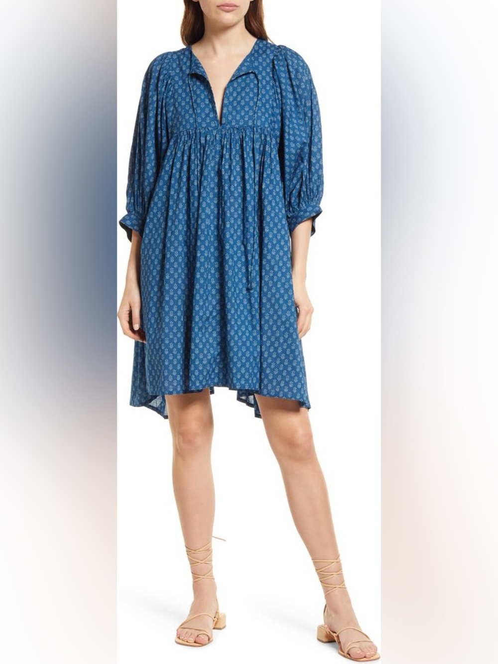 Faherty cotton Blue balloon Peasant Tunic Dress poplin bohemian cottage coquette